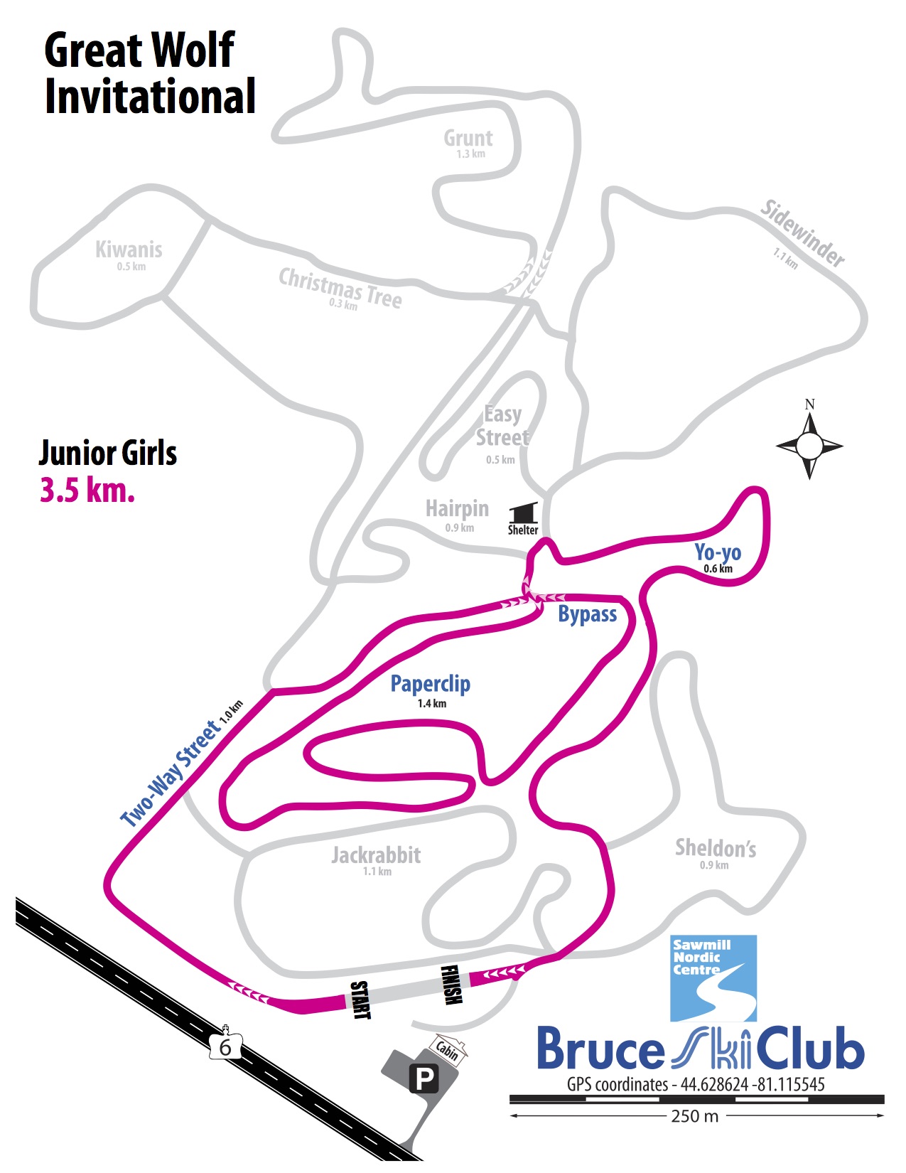 Great Wolf Invitational Cross-Country Ski Race, Hepworth, Ontario - Map: Junior Girls