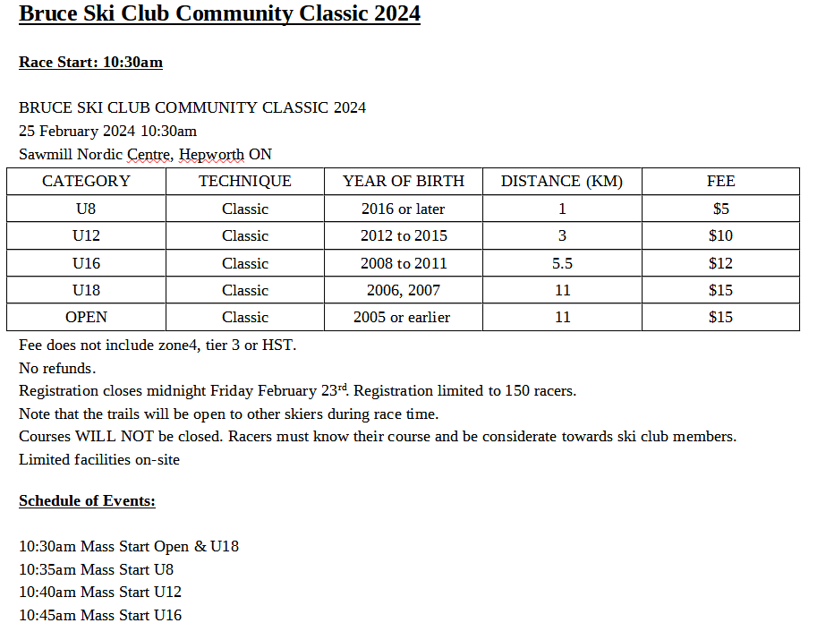 Bruce Ski Club Community Classic Ski Race 2024