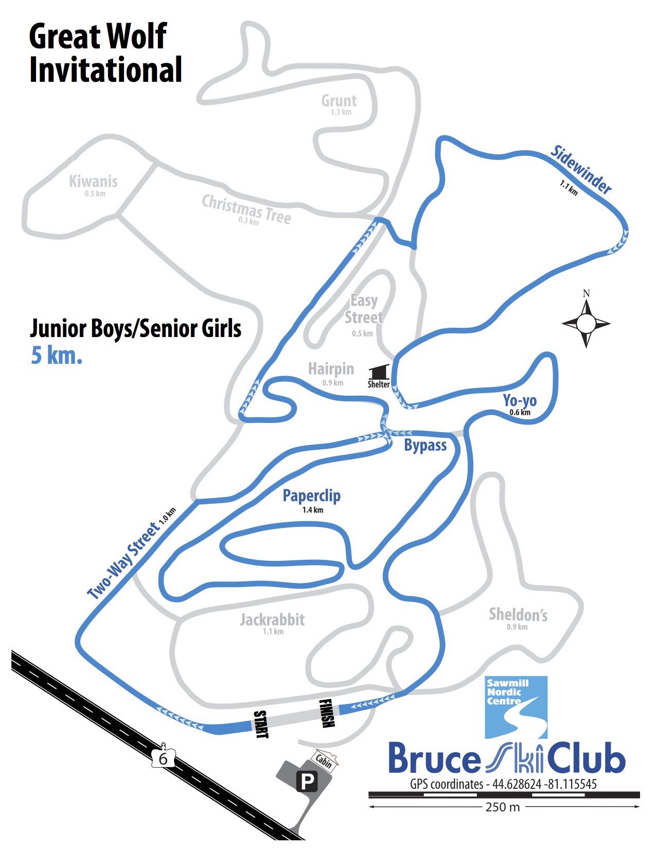 Great Wolf Invitational Cross-Country Ski Race, Hepworth, Ontario - Map: Junior Boys, Senior Girls